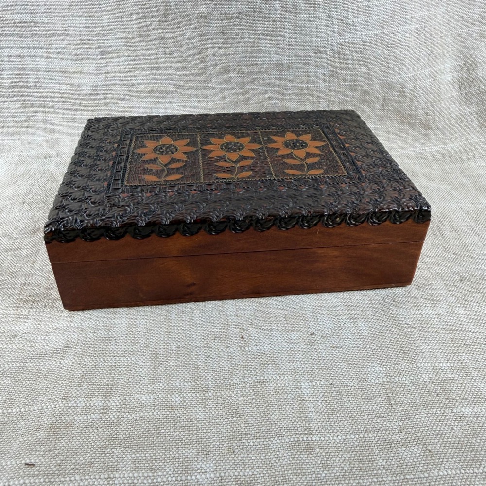 Vintage Polish Carved Wood Jewelry Box Floral Inlay Hinged Trinket BoxV